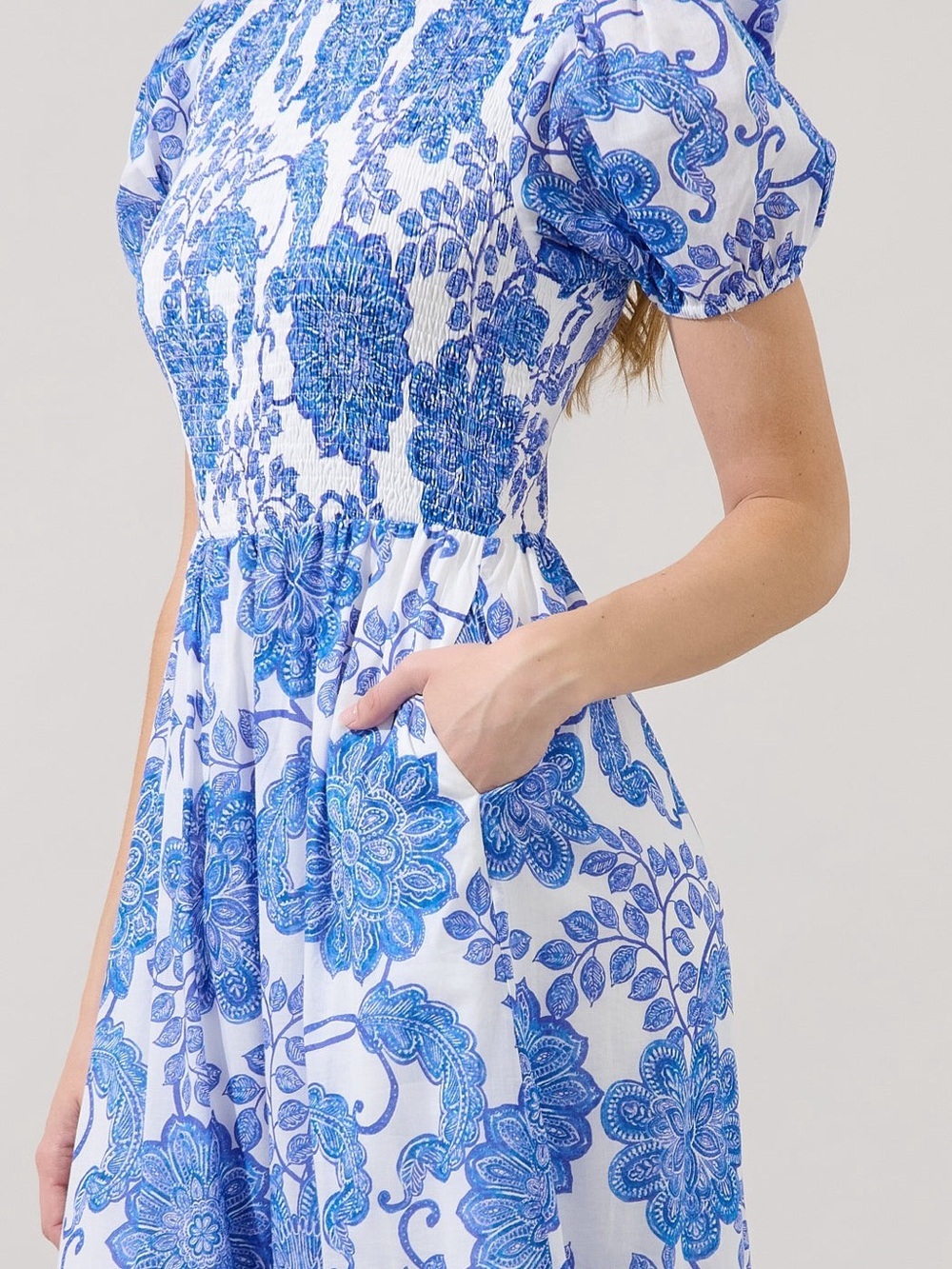 Blue White Floral Puff Sleeve Smocked Midi Dress Pockets Cotton Cottagecore NEW - Picture 3 of 4
